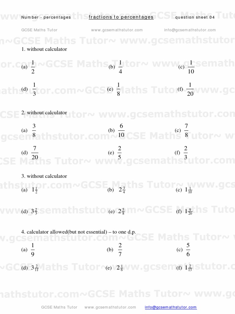 Fractions to Percentages worksheet from GCSE Maths Tutor | Percentage