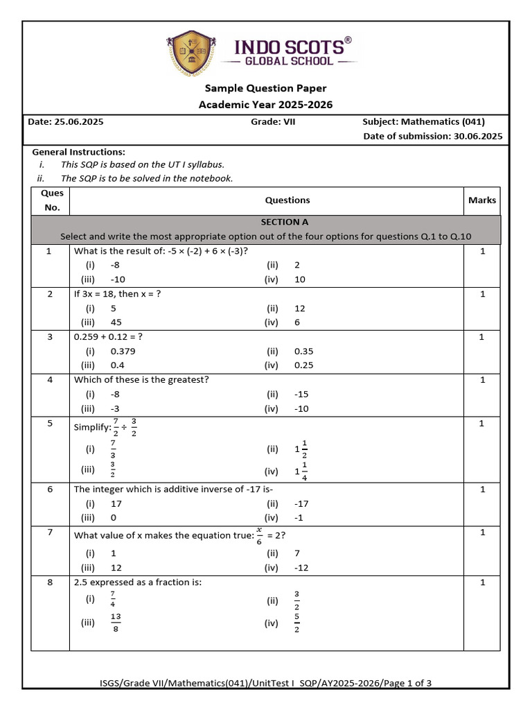Grade VII Mathematics (041) SQP UT I AY 2025-26 | PDF | Elementary ...