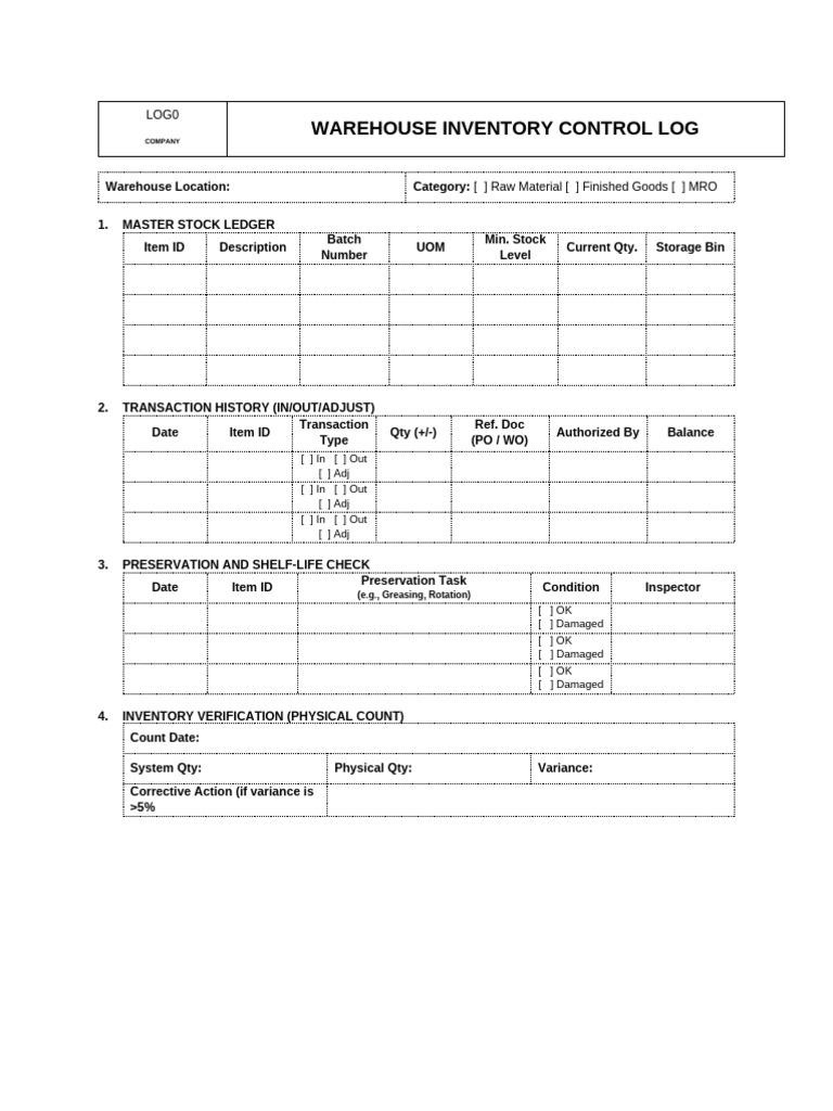 Warehouse Inventory Log Template | PDF