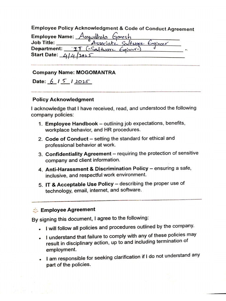 Employee Policy Acknowledgment & Code of Conduct Agreement | PDF
