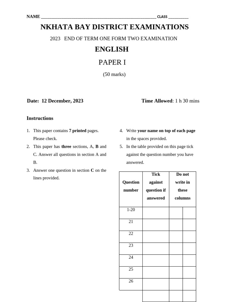 English Form Two Paper 1 | PDF | Adverb | Verb
