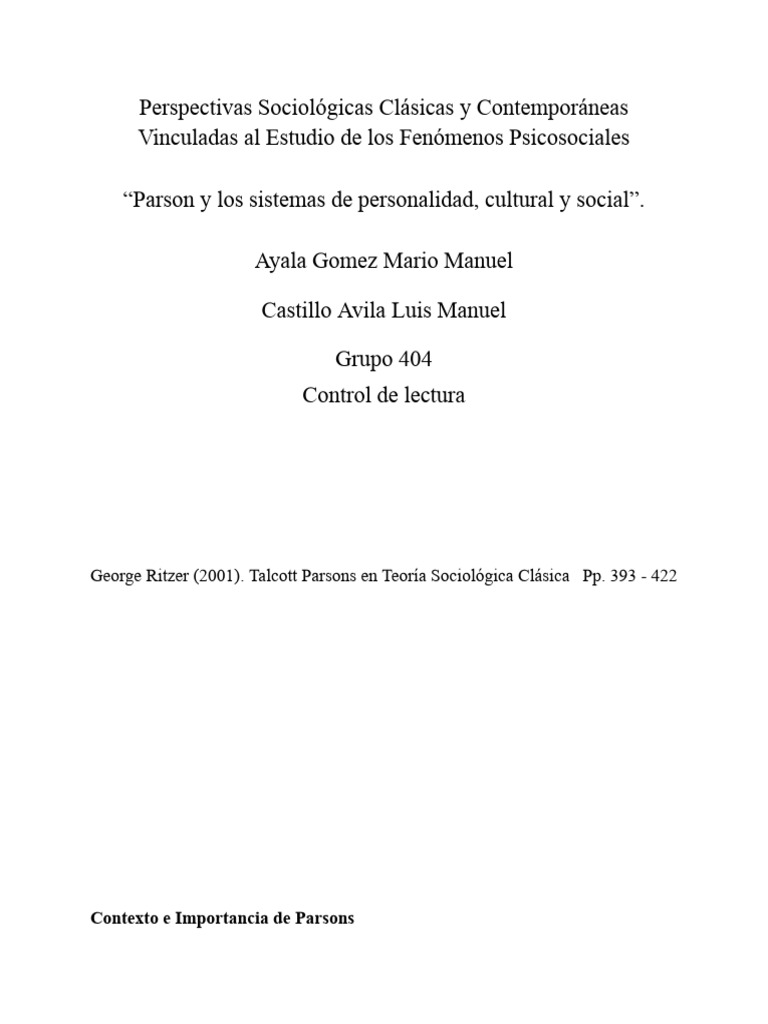Parson y Los Sistemas de Personalidad, Cultural y Social ...