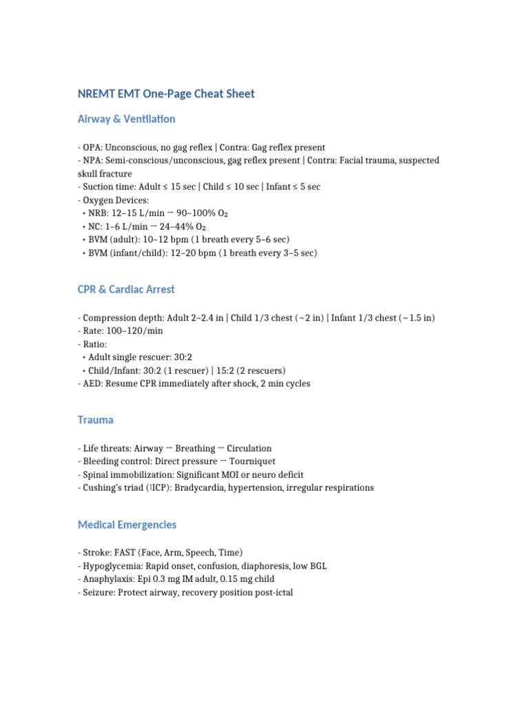 Nremt Emt Cheat Sheet | PDF
