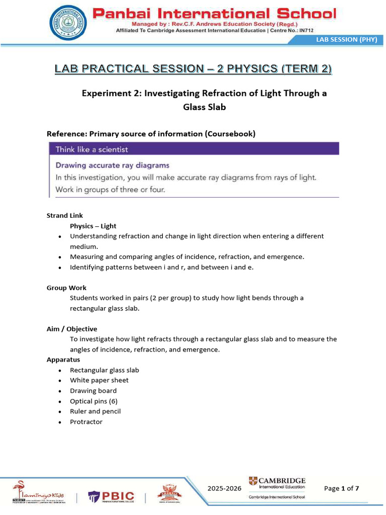 Grade 7 Lab Practical Session 2 | PDF | Refraction | Angle