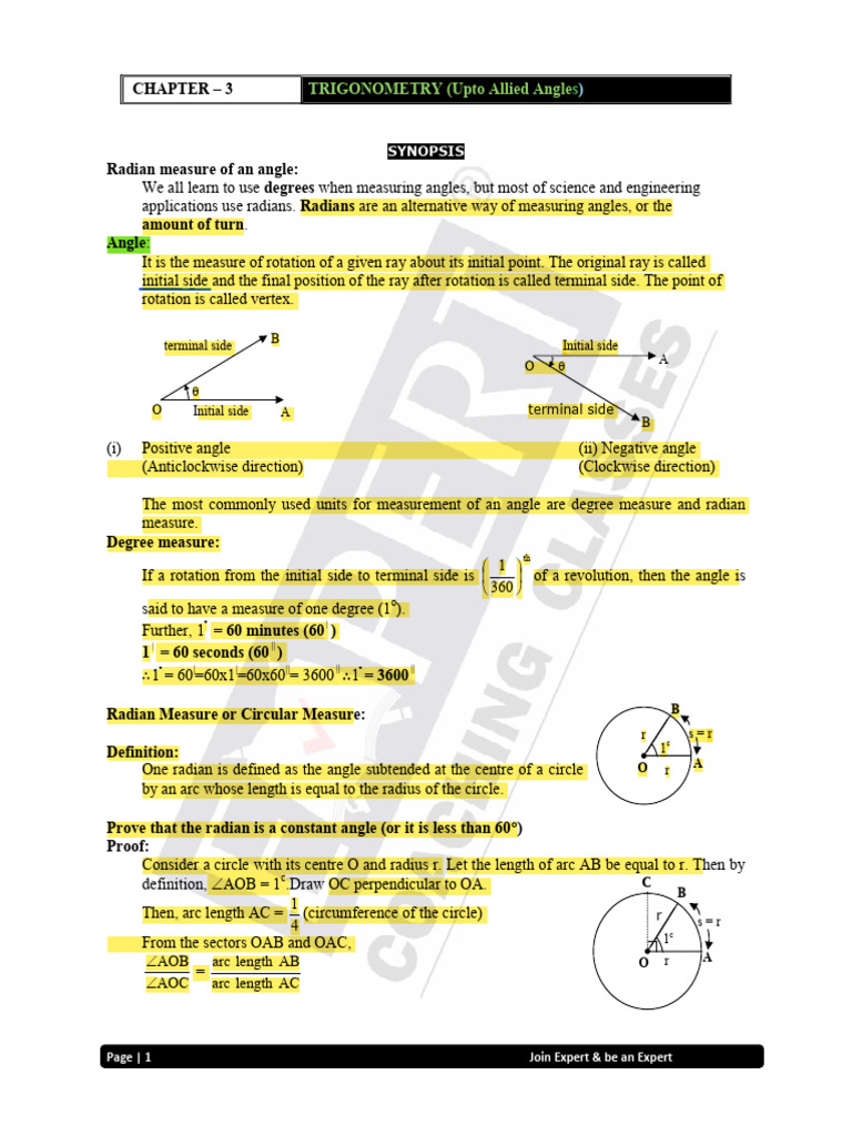 Trigonometry (Upto Allied Angles) | PDF | Angle | Circle