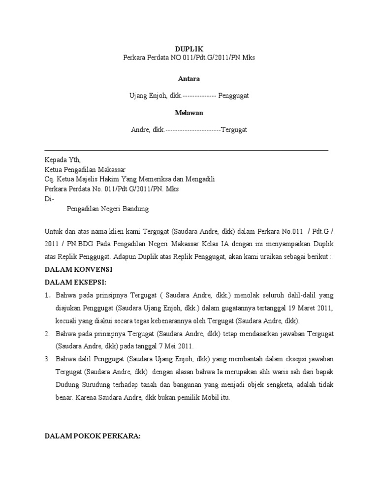 Contoh Surat Eksepsi Perdata