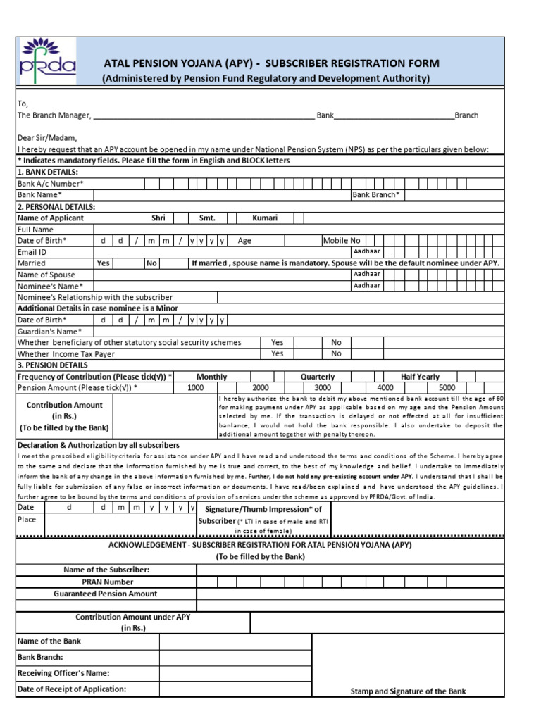 Atal Pension Yojana Subscriber Form | PDF | Public Finance ...