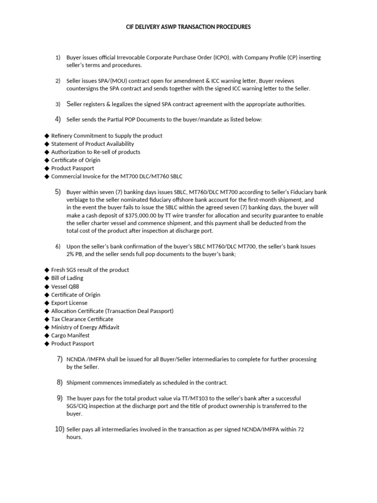 Cif Delivery Aswp Transaction Procedures | PDF