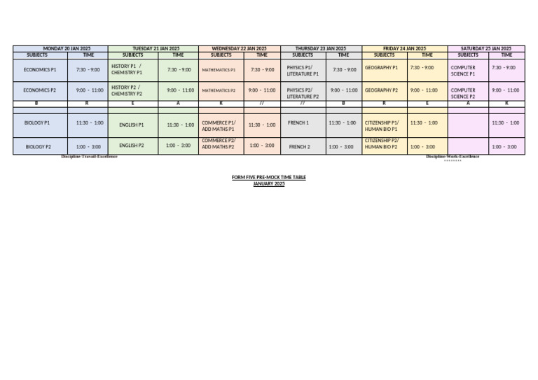 Form Five Pre-Mock Time Table | PDF