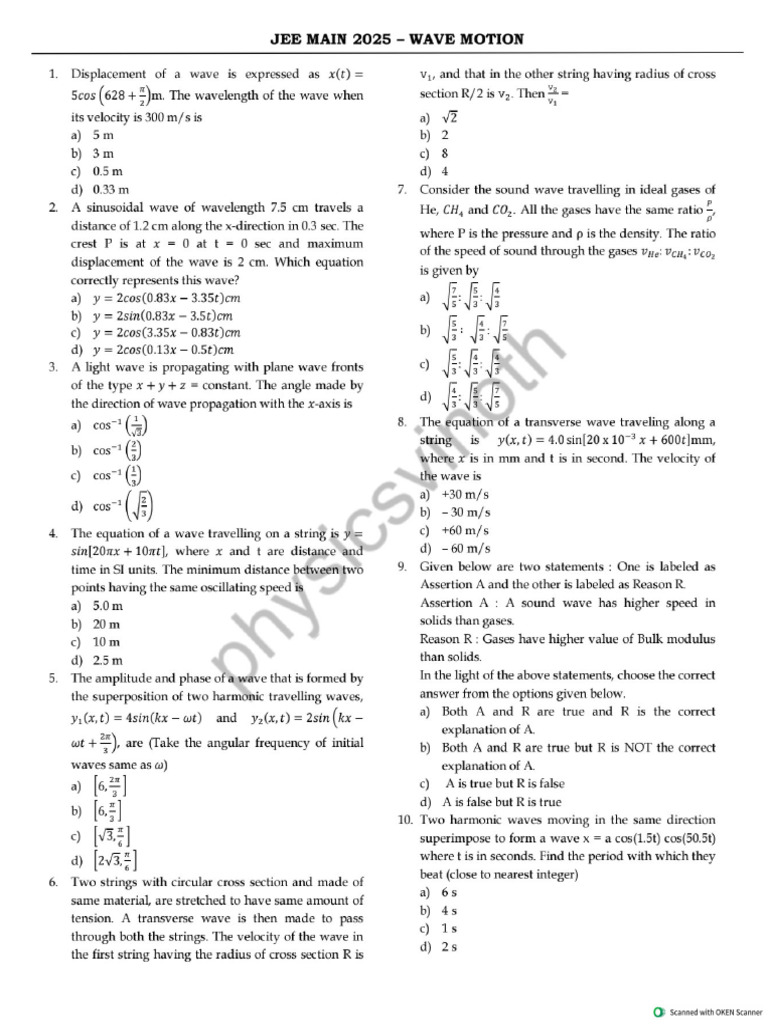 Wave Motion JEE 2025 QP With Solutions - Watermark | PDF