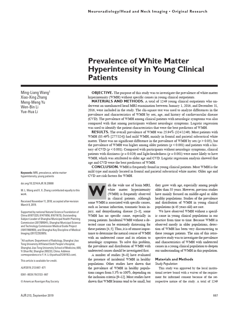 Wang Et Al 2019 Prevalence of White Matter Hyperintensity in Young ...