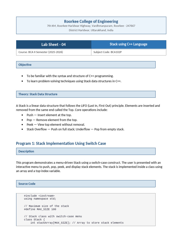 LabSheet04 Stack CPP | PDF