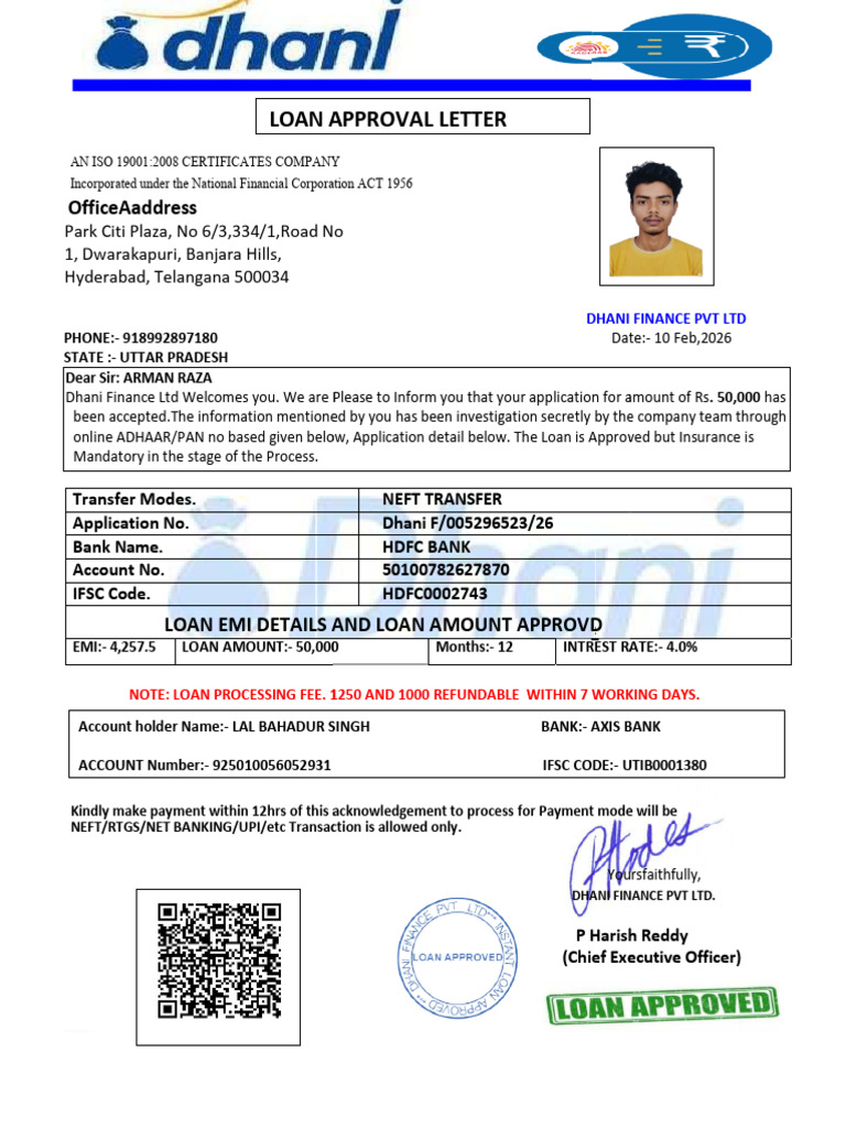 Arman Raza Loan Approval Letter | PDF | Service Industries | Private Sector