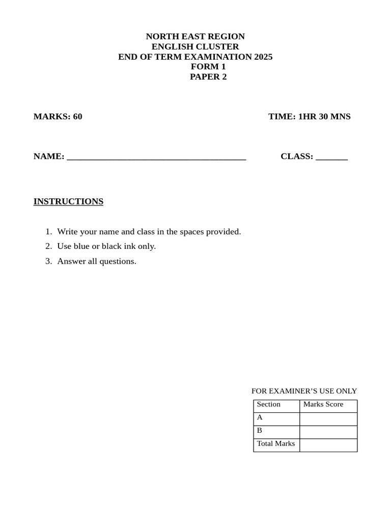 Form 1 Paper 2 Term 1 2025 | PDF