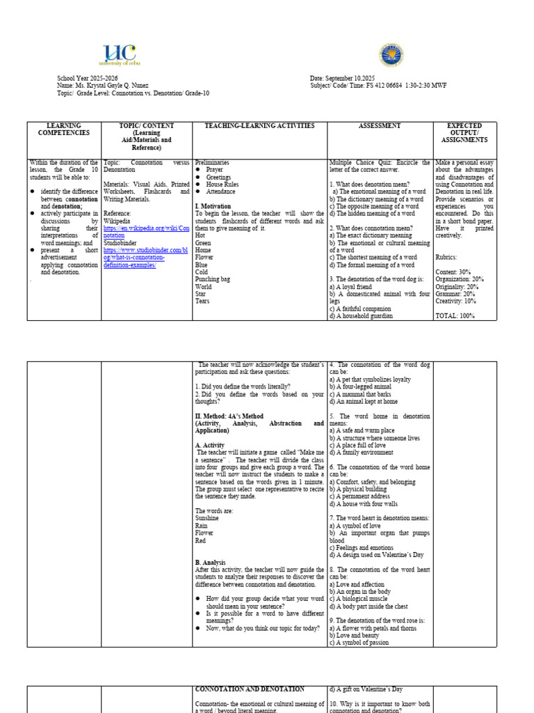 Lesson Plan For Connotation and Denotation | PDF