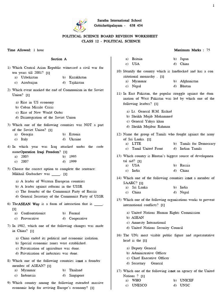 Political Science Book 1 Revision Worksheet | PDF