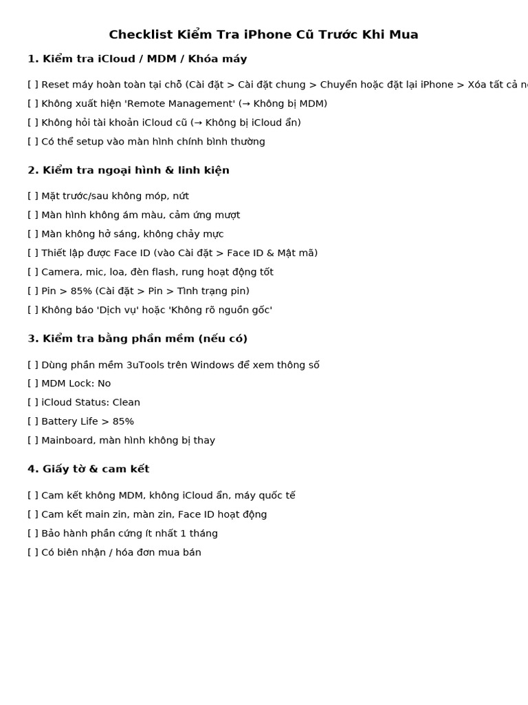 Checklist Kiem Tra Iphone Cu | PDF