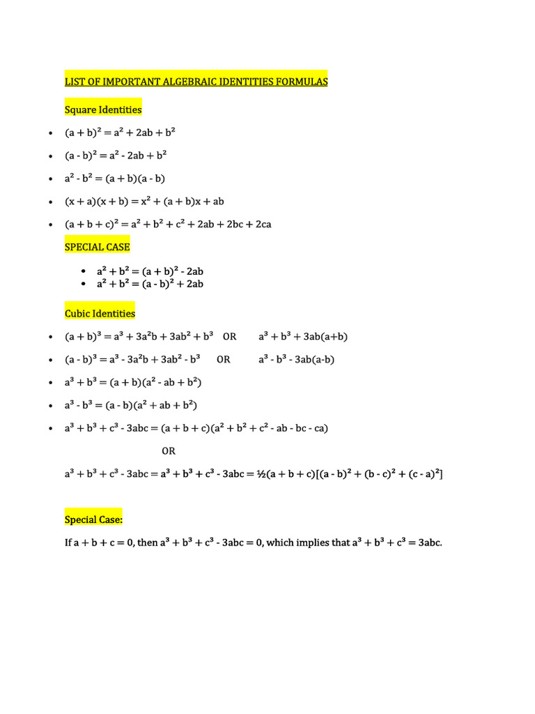 Algebraic Identities Formula Sheet | PDF