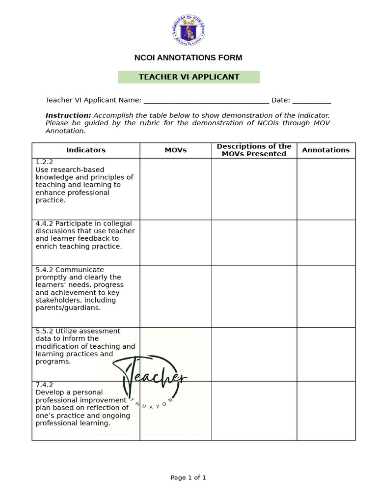 NCOI Annotations Form For Teacher VI Applicant | PDF
