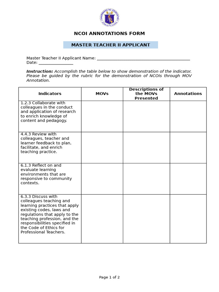 NCOI Annotations Form For Master Teacher II Applicant | PDF