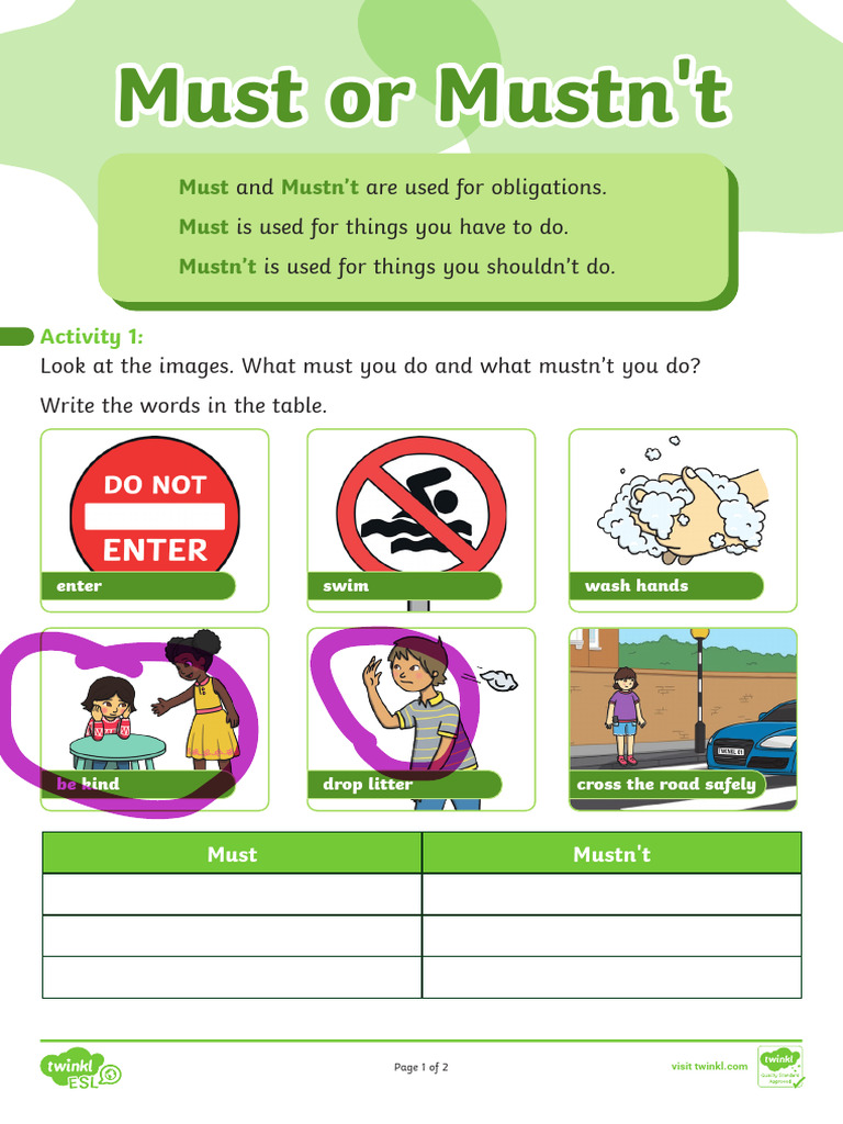 Must Mustnt Worksheet Kids A1 A2.pdf - Ver - 3 PDF | PDF | English As A ...