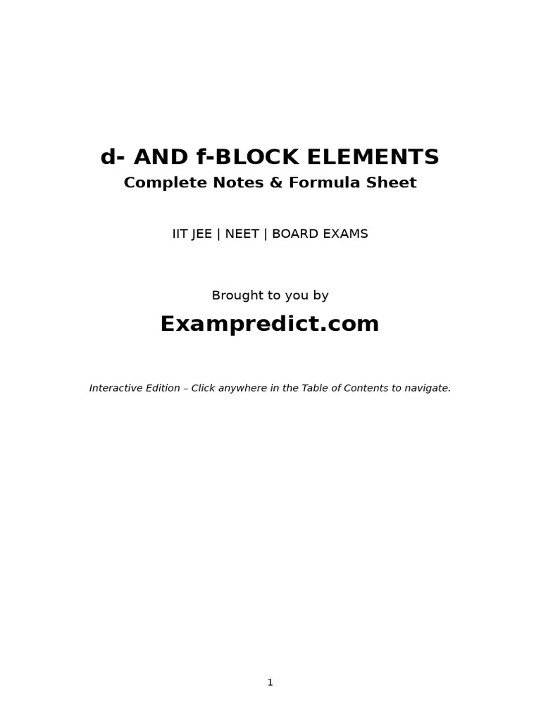 D and F Block Elements Notes | PDF | Transition Metals | Lanthanide