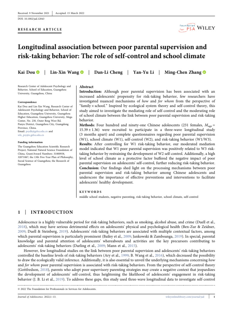 Longitudinal Association Between Poor Parental Supervision and Risk ...