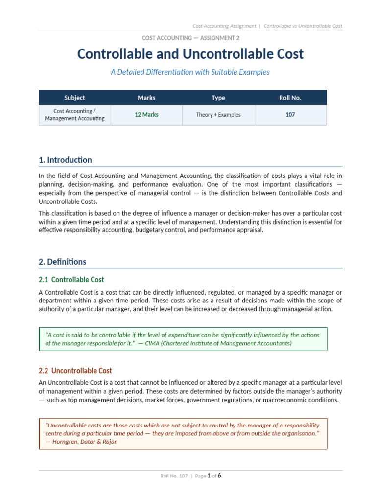 Controllable Vs Uncontrollable Cost | PDF | Depreciation | Cost Accounting