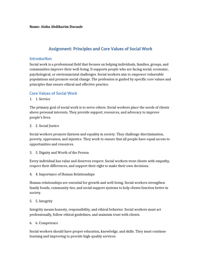 Principles and Core Values of Social Work Assignment-2 | PDF | Social ...