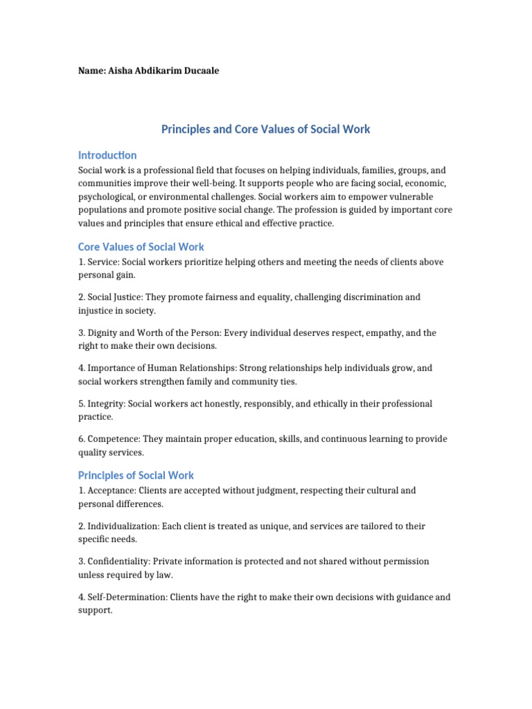 Principles and Core Values of Social Work Aisha Abdikarim Ducaale-3 | PDF
