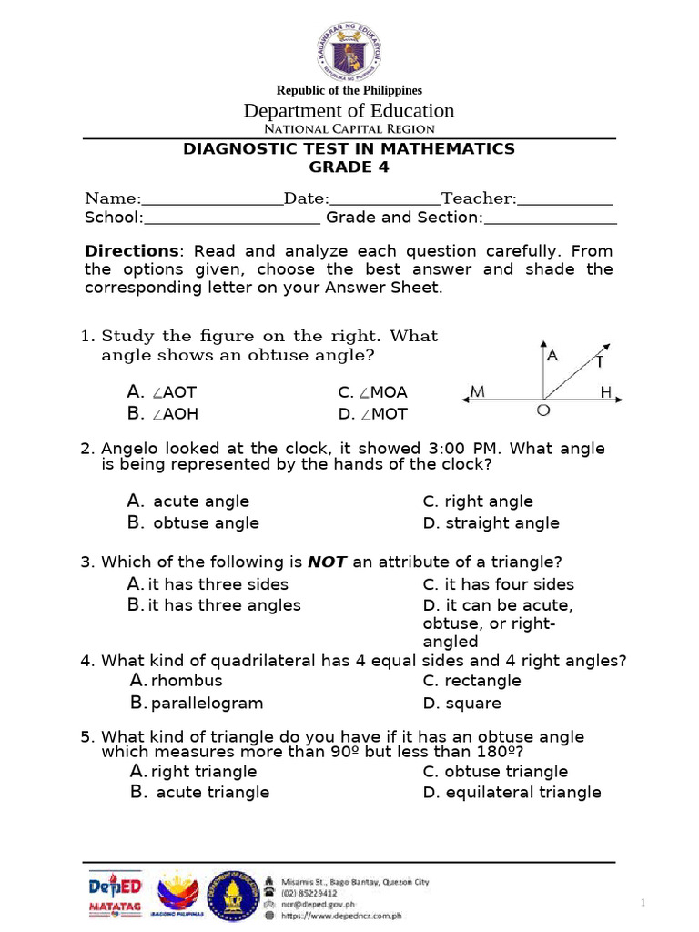Diagnostic Test in Mathematics g4 RTP | PDF | Triangle | Rectangle