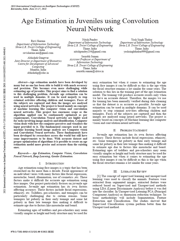 Age Estimation in Juveniles Using Convolution Neural Network | PDF ...
