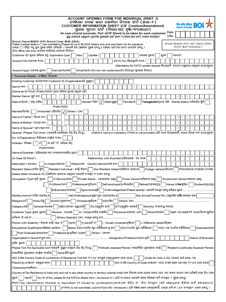 BOI Account Opening Form - ODIYA | PDF