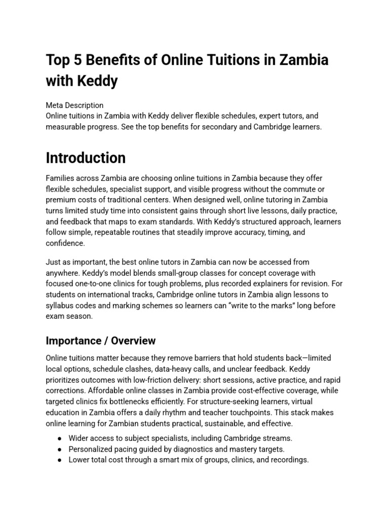 Top 5 Benefits of Online Tuitions in Zambia With Keddy | PDF ...