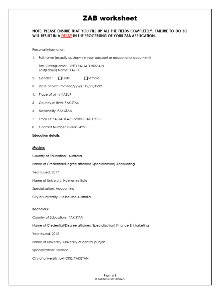 ZAB Worksheet | PDF | Diploma