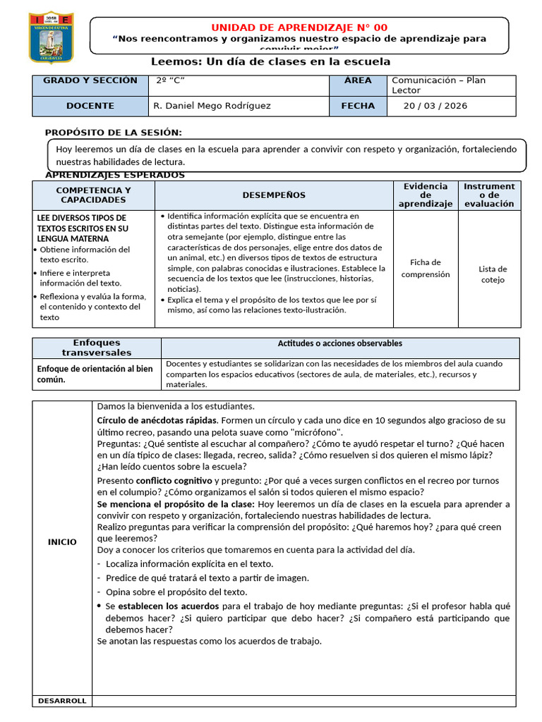 SESION Un Día de Clases en La Escuela - Plan Lector | PDF | Aprendizaje ...