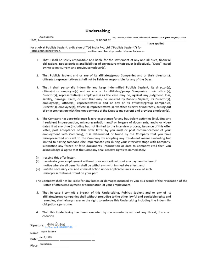 Undertaking PS | PDF | Misrepresentation | Common Law
