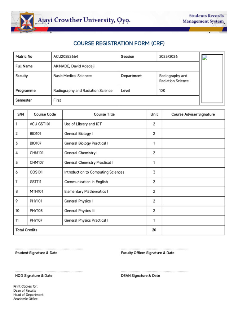 Course Registration Form | PDF | Science