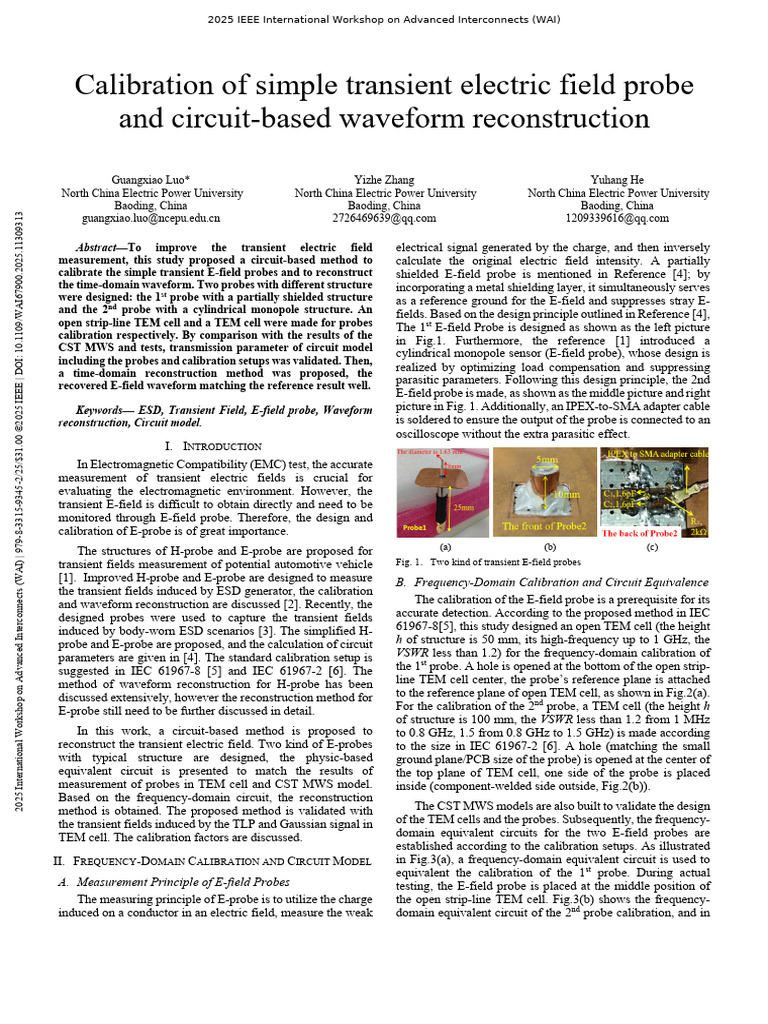 Calibration of Simple Transient Electric Field Probe and Circuit-Based ...