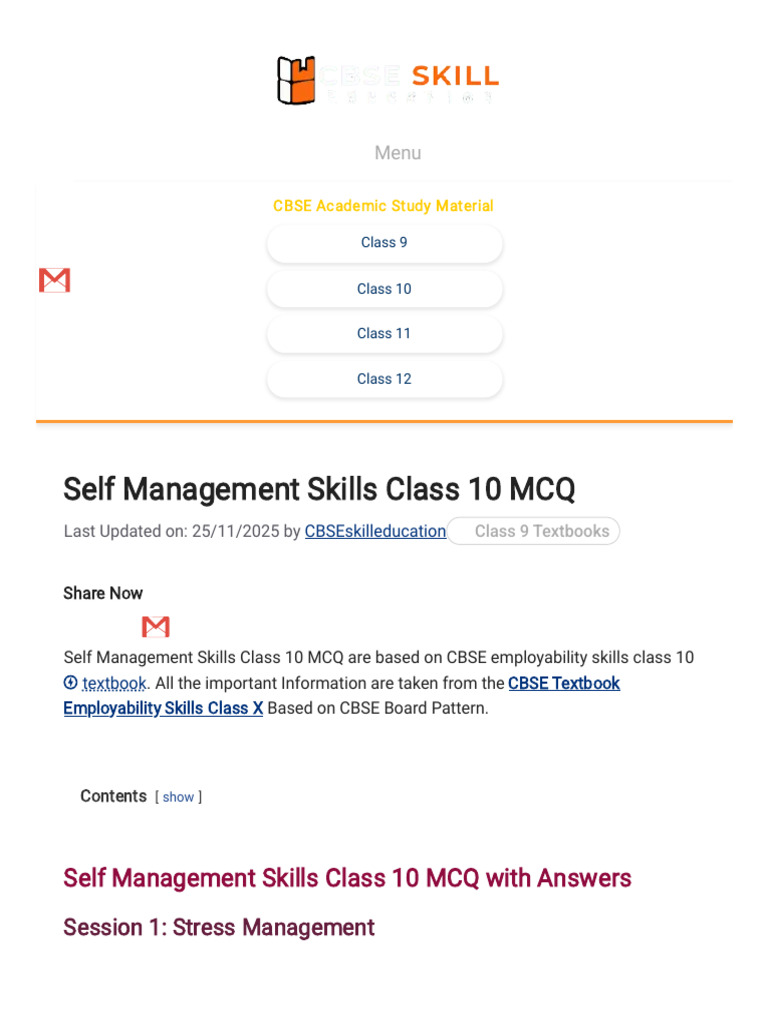 Self Management Skills Class 10 MCQ With Answers | PDF | Stress ...
