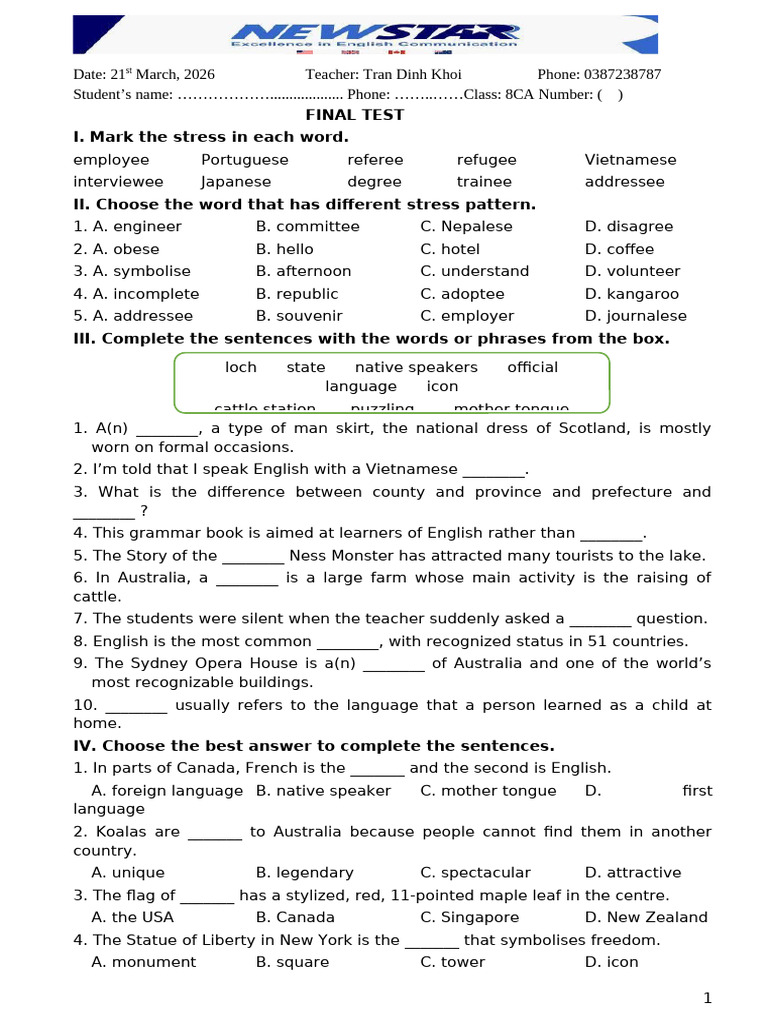 Final Test - Lesson 14 8CA | PDF | Linguistics