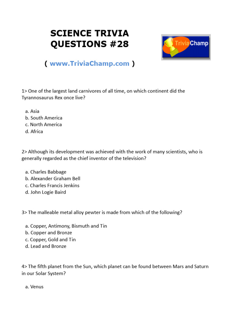 Science Trivia Questions E28 | PDF | Physical Sciences | Chemical Elements