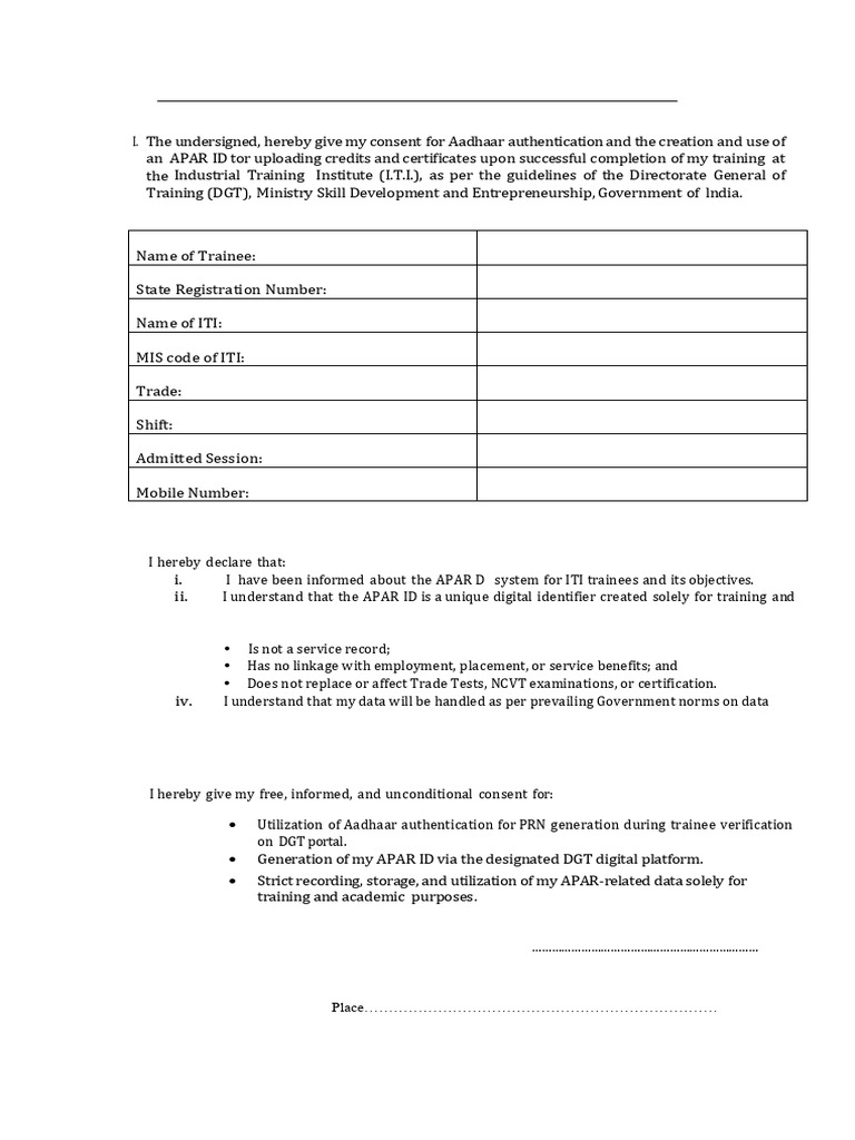 Consent From For Creation and Use of APAR ID For I.T.I - Trainees | PDF