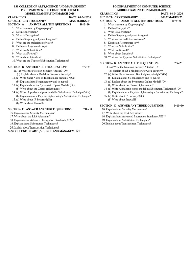 Crypt Model Paper 2026 | PDF | Cipher | Encryption
