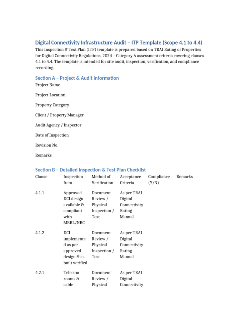 Digital Connectivity ITP Audit Template | PDF | Audit