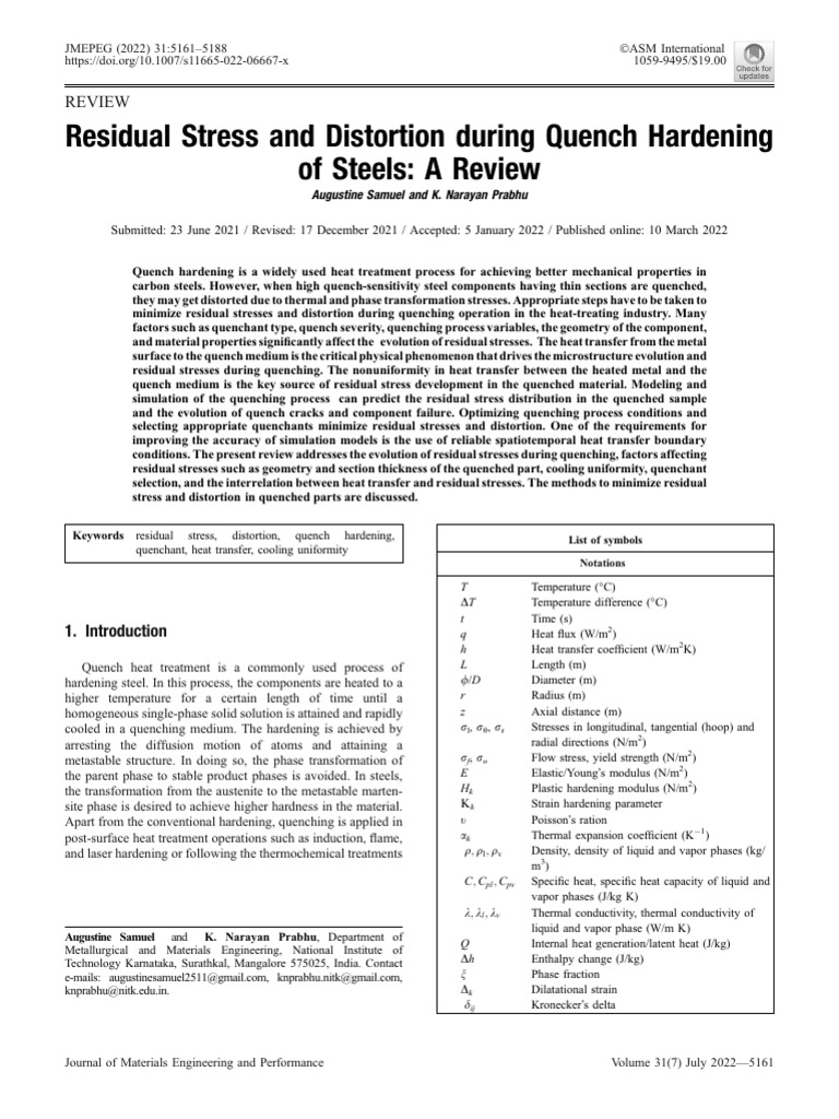 Residual Stress and Distortion During Quench Hardening of Steels: A ...