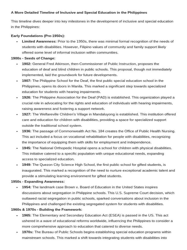 A More Detailed Timeline of Inclusive and Special Education in The ...