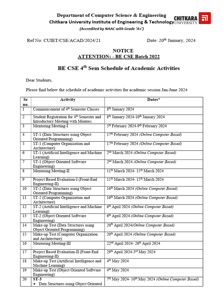 Academic Schedule 4th Semester | PDF | Computing