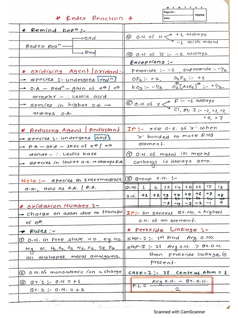 Redox Reaction - Short Notes | PDF