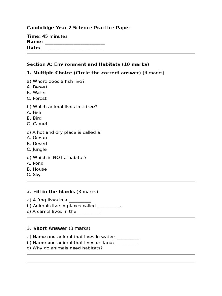 Cambridge Year 2 Science Practice Paper | PDF